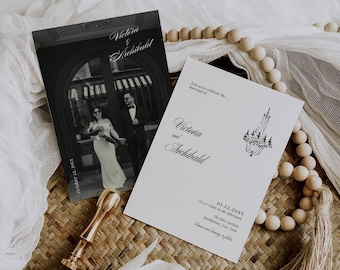 Classic Photo Wedding Invitation, Elegant Hand Drawn Invite,  Luxury Printable Stationery Template AT26