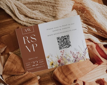 Fall Wedding Rsvp Card Template, Boho Wildflower QR Code RSVP, Terracotta Insert Card AT20