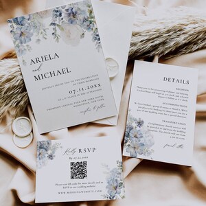 Invitación de boda minimalista con diseño floral en azul polvoriento, elegante invitación de boda digital, plantilla de invitación con acuarela, código QR RSVP AT19
