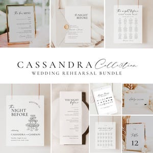 Puede incluir: Una colección de papelería para el ensayo de la boda, que incluye menús, planos de asientos y carteles de bienvenida. Los diseños presentan una tipografía elegante y diseños minimalistas en blanco y negro. La "Colección Cassandra" se muestra en una fuente elegante.