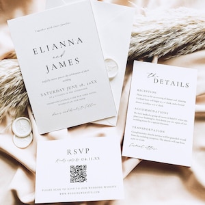May include: A set of wedding stationery, including an invitation, RSVP card, and details card. The invitation features the names Elianna and James, the wedding date, time, and location. The RSVP card includes a QR code. The design is in black and white.