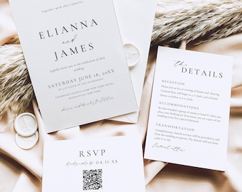 May include: Elegant wedding invitation suite featuring a main invitation, RSVP card, and details card. The invitation includes the names Elianna and James, wedding date, time, and location. The RSVP card has a QR code. The suite is in black and white.