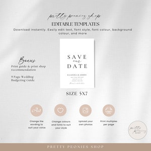 May include: Editable save the date template with a minimalist design. The template features the text "Save Our Date" with the names "Elianna & James" and the date "Sat Oct 15th 2022". The template is 5x7 inches and includes a print guide, a print shop recommendation, and a 9-page wedding budgeting guide.