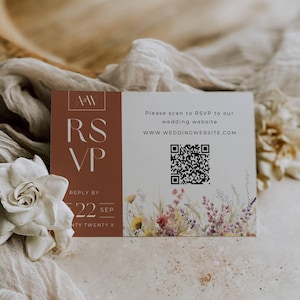 RSVP-kaartsjabloon QR-code terracotta, boho wilde bloemen RSVP-kaartsjabloon, verbrand oranje bruiloft bewerkbaar, downloadbare RSVP met qr-code AT20