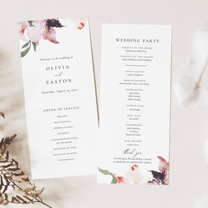 May include: Elegant wedding program featuring floral watercolor accents in pink, purple, and green. The program includes the names Olivia and Easton, wedding party details, and order of service. The text is in a classic serif font.