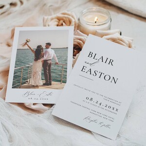 May include: Wedding invitation with a photo of a couple on a boat, and a second card with the names "Blair and Easton" and event details. The invitation is white with black text and a photo of the couple.