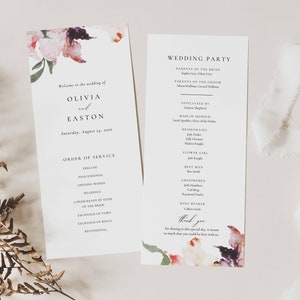 Bloemen bruiloftsprogramma dubbelzijdig, elegante menusjabloon programma, bestelling met wilde bloemen, kaart zomerhuwelijksceremonie digitaal - AT15
