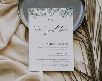 Nothing Fancy Just Love Invite Greenery, Eucalyptus Wedding Invitation Template Monogram, Intimate Reception Invite Digital Download AT12