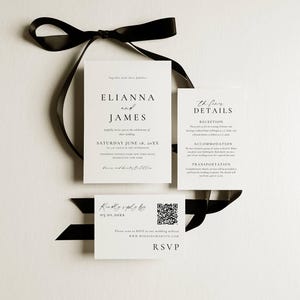 May include: Elegant wedding invitation suite with a black ribbon. The invitation cards are white with black text, including the names Elianna and James, event details, and RSVP information. The suite includes details about the reception, accommodation, and transportation.