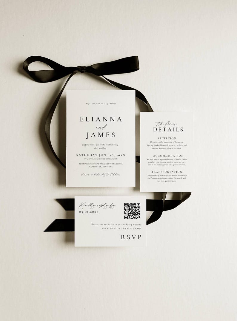 May include: Elegant wedding invitation suite with a black ribbon. The invitation cards are white with black text, including the names Elianna and James, event details, and RSVP information. The suite includes details about the reception, accommodation, and transportation.