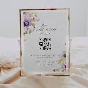 Huwelijksreis Fonds teken Wildflower, QR Code huwelijkscadeau teken, Floral Venmo App teken, huwelijksreis wens bewegwijzering, Canva sjablonen 2 maten AT13