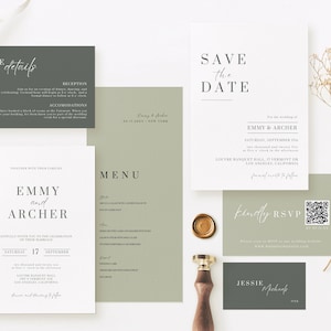 Hochzeitseinladungspaket in Salbeigrün, Suite-Vorlage für Hochzeitseinladungen in Salbeigrün, Hochzeitsempfang in Salbeigrün, Bündel mit Tischnummernschildern -AT06