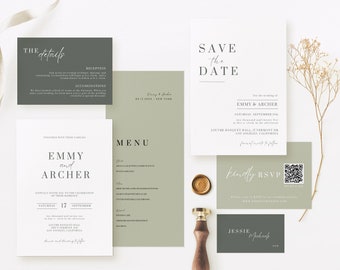 Sage Green Wedding Reception Bundle, Minimal Table Sign Package, Invitation Suite with Qr Code Rsvp, Menu, Place Card, Canva Templates AT06