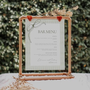 Green Striped Wedding Menu, Coquette Bar Menu Template, Sage Bow Shower Cocktail Sign, Garden Wedding Drinks Signage, Digital Download 8x10&quot;
