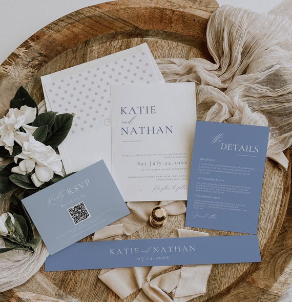 Light Blue Wedding Invitation Suite, Minimal Invitation Bundle Qr Code, Dusty Blue Invite Set with RSVP Card, Invite Template Bundle AT09