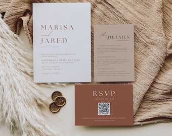 May include: A wedding invitation suite featuring a main invitation, details card, and RSVP card. The main invitation is white with brown text, including the names "Marisa and Jared" and the wedding date. The RSVP card is a terracotta color.