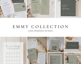Sage Wedding Reception Bundle, Sage Green Wedding Invitation Package, Sage Stationery and Sign Template Bundle, Editable Table Signage -AT06