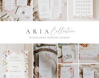 Wildflower Wedding Reception Template Bundle, Minimal Floral Wedding Signs Package, Elegant Stationery Invitation Suite Editable -AT13