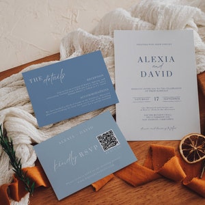 Französische Blaue Hochzeitseinladung, Staubige Blaue Hochzeitseinladungs-Vorlagen-Set, Winterliche Blaue Hochzeitseinladungen, Hellblaue Hochzeitseinladung, Qr Code Rsvp Download