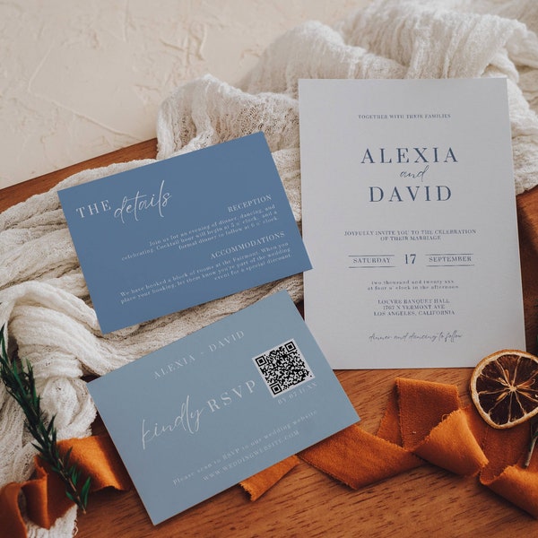 Suite de mariage bleu français, ensemble de modèles de faire-part de mariage bleu poussiéreux, faire-part de mariage bleu hiver, bleu clair Qr code Rsvp téléchargement