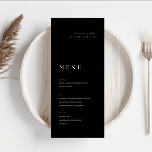 Modern Black Wedding Dinner Menu, Black And White Table Menu Card, Wedding Reception Menu Long, Classic Dark Dinner Menu Printable - AT04