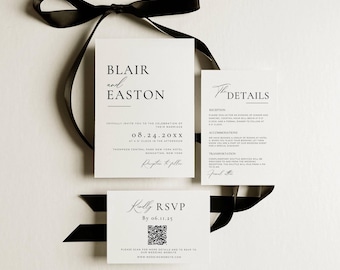 Minimalist Wedding Invitation Bundle Qr Code,  Minimal Invitation Template Set, Modern Invite Suite, Elegant Online Rsvp, Details Card AT10