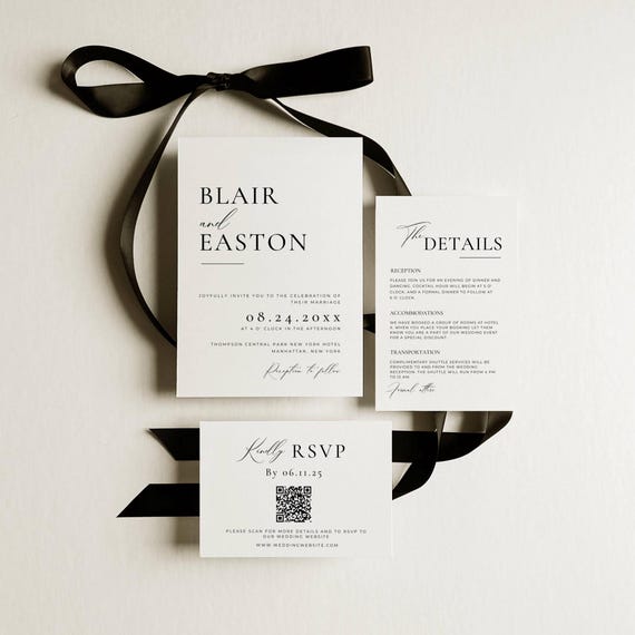 Minimalist Wedding Invitation Bundle Qr Code,  Minimal Invitation Template Set, Modern Invite Suite, Elegant Online Rsvp, Details Card AT10