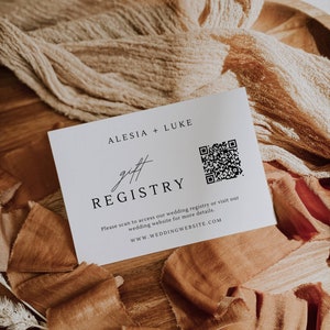 Cartão de registro de presentes com código QR, cartão de registro de chá de panela, inserção de casamento minimalista, presente moderno para recém-casados, modelo de convite editável AT01