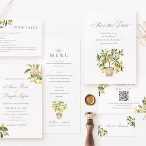 Faire-part de mariage grec, lot de modèles de suites d'invitations citron, signalisation de table de mariage à destination, panneaux de réception agrumes méditerranéens AT22