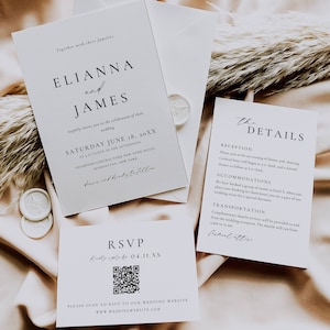 Modèle élégant de suite de faire-part de mariage sur toile, lot minimal de modèles d'invitation de mariage, faire-part avec carte QR Code Rsvp - AT14