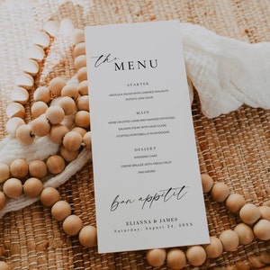 Tarjetas de menú de boda mínimas para la configuración del lugar, plantilla de menú de cena escrita a mano moderna, menú de cena de recepción de boda editable -AT14
