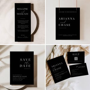 May include: Black and white wedding invitation suite with the names Arianna and Chase. The invitation cards feature a simple, modern design with a minimalist aesthetic. The cards include a save the date, RSVP, and details card.