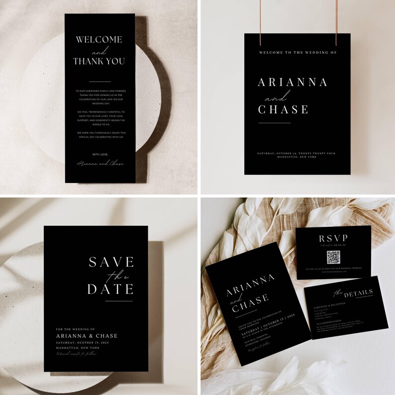 May include: Black and white wedding invitation suite with the names Arianna and Chase. The invitation cards feature a simple, modern design with a minimalist aesthetic. The cards include a save the date, RSVP, and details card.
