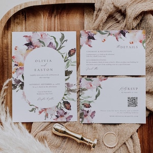 Modello di suite per invito a nozze floreali romantiche, set di inviti di fiori selvatici con codice Qr RSVP, download di pacchetti di inviti stravaganti -AT15