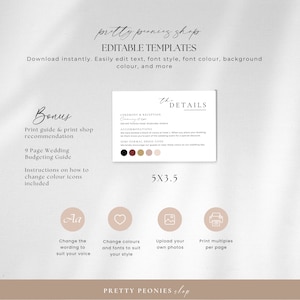 Pu&ograve; includere: Modello di dettagli del matrimonio modificabile con uno schema di colori rosa e marrone. Il modello include una sezione per i dettagli della cerimonia e del ricevimento, l'alloggio e un codice di abbigliamento semi-formale. Il modello misura 5x3,5 pollici e include istruzioni su come modificare il testo, i colori, i font e caricare le foto.