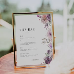 Letrero de menú de bar floral lila, plantilla de menú de bar de bodas de lavanda, bebidas exclusivas imprimibles, señalización de mesa de bar de flores, descarga de Canva AT07