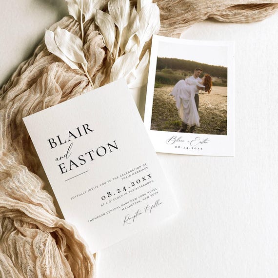 Minimal Wedding Invitation with Photo Digital Download, Custom Picture Wedding Invite Template, Modern Double-Sided Invitation Card AT10