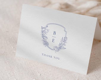 Wedding Crest Thank You Card Dusty Blue , Monogram Thank You Note Template, Classic Hand-Drawn Crest, Flat & Folded Card 5x7