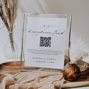 Aangepaste Qr-codebord huwelijksreisfonds, teken contant geldfonds, Venmo Qr-codeteken afdrukbaar, monogram bruiloft bewegwijzering, bewerkbare canva-sjabloon AT14