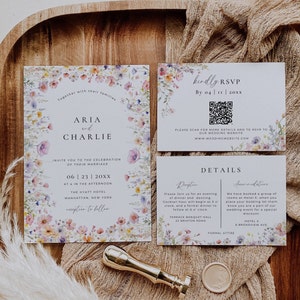 Wildflower minimale bruiloft uitnodiging Suite sjabloon, bloemenuitnodiging Set Canva, bloem uitnodigen pakket met QR-code Rsvp, bewerkbare AT13
