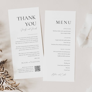 May include: Two vertical white cards featuring black text. The left card displays THANK YOU, a message to family and friends, the names Blair and Easton, and a QR code. The right card displays MENU with sections for appetizer, starter, main course, and dessert.