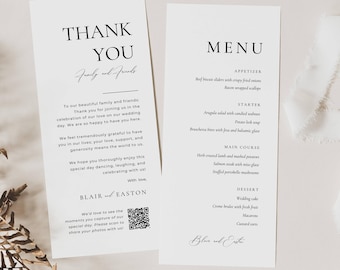 Menu and Thank You Note, Wedding Thank You Card with Qr Code, Reception Dinner Menu Template Canva, Modern Welcome Place Setting Cards -AT10