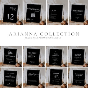 May include: A set of 12 black and white printable wedding reception signs with a modern minimalist design. The signs include table numbers, a honeymoon fund sign, a bar menu, a reserved sign, a capture our day sign, a cards and gifts sign, a photo guestbook sign, a wedding favors sign, a fully editable custom sign, a thank you sign, a sparkle sign, and an in loving memory sign.