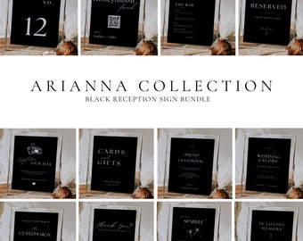 Wedding Sign Bundles Black and White, Black Reception Sign Templates, Monochrome Wedding Signage, Modern Table Sign Package - AT04