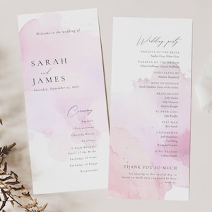 Blush rosa Hochzeitsprogramm Digitaler Download, Aquarell Zeremonie Programm Doppelseitig, Minimal Order of Service Kartenvorlage-AT01