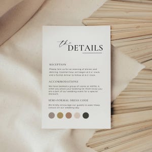 Modelo de traje de casamento Canva, cartão de detalhes de paleta de cores, cartão de detalhes com traje de convidado, inserção de código de vestimenta de convidado editável AT14