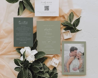 Invitación de boda en color salvia, plantilla minimalista con foto, juego de invitaciones verde claro, paquete digital de 3 piezas AT33