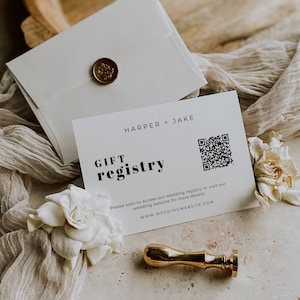 Qr Code Gift Registry Card, Modern Wedding Website Card, Minimalist Bridal Shower Registry Insert, Invite Details Enclosure Template  AT08