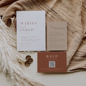 Boho Wedding Suite with Qr Code, Terracotta Wedding Invitation Set, Rust Invite Details BUNDLE Earthy RSVP Card Editable Canva Template AT03