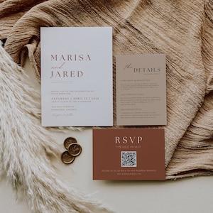 Boho Hochzeitsreihe mit Qr Code, Terrakotta Hochzeitseinladungs-Set, Rost Einladen Details BUNDLE Erdige Antwortkarte bearbeitbare Canva Vorlage AT03